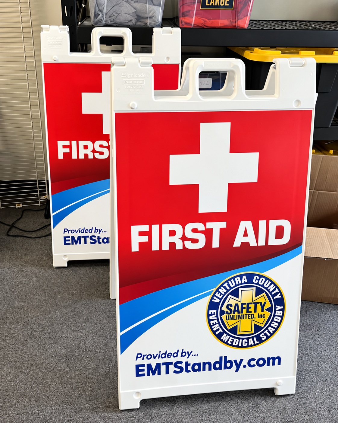 EMTStandby first aid A-frame signs printed by SpectraColor in Simi Valley