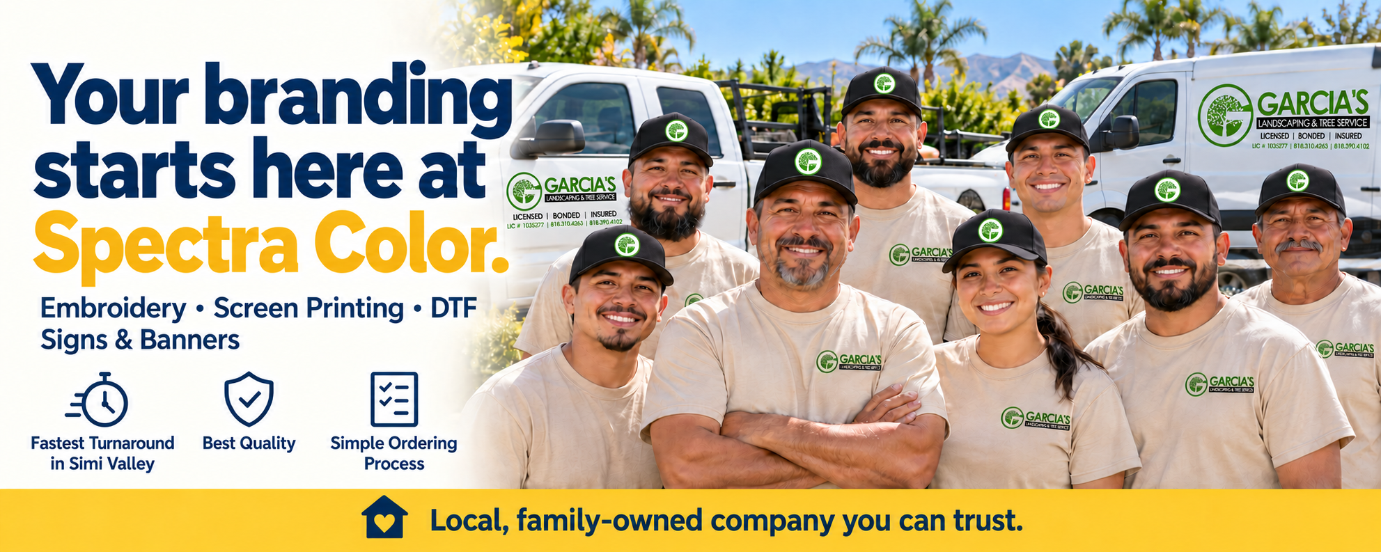 Garcia’s Landscaping — Company branding header | SpectraColor Simi Valley Supplied SpectraColor branding illustration showing Garcia’s Landscaping uniforms, hats and branded vehicles.