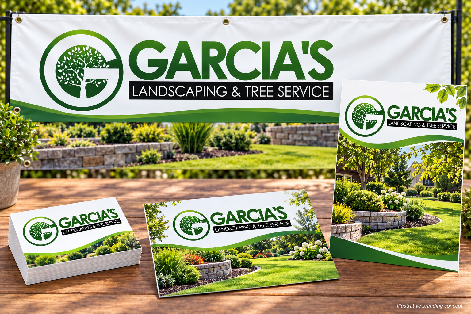 Illustrative Garcia’s Landscaping branding concept with business cards, postcard, flyer and outdoor banner; not completed customer work.