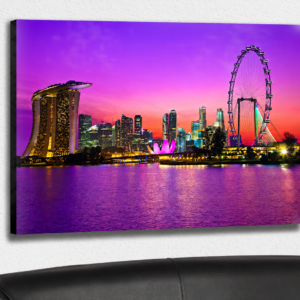 Gatorboard wall print showing the Singapore skyline at sunset above a black sofa
