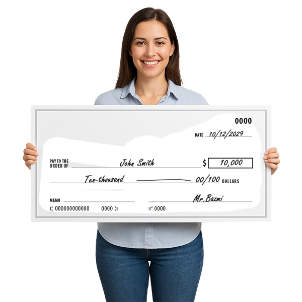 Woman holding a white oversized award presentation check Woman holding a white oversized award presentation check