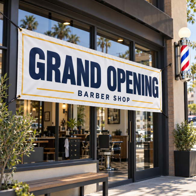 Grand Opening Banner Outside a Barber Shop Grand opening vinyl banner hanging by grommets outside a barber shop with a classic barber pole