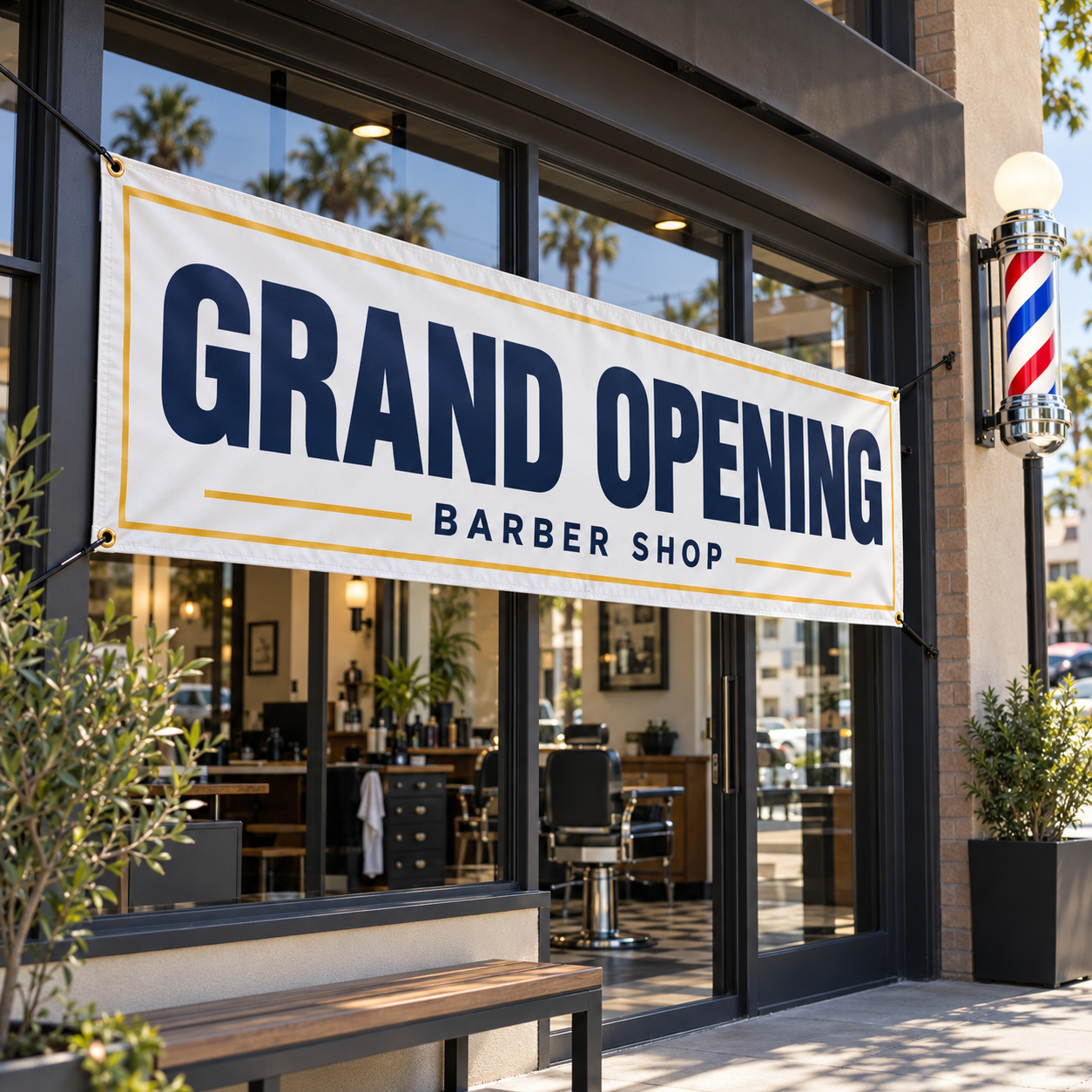 Grand Opening Banner Outside a Barber Shop Grand opening vinyl banner hanging by grommets outside a barber shop with a classic barber pole
