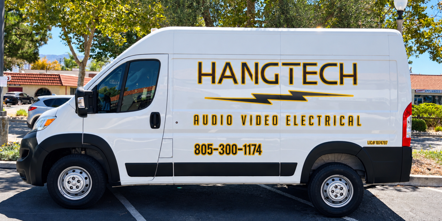 hang-tech-promaster-vehicle-lettering White Hang Tech Ram ProMaster van with custom business vehicle lettering by SpectraColor in Simi Valley