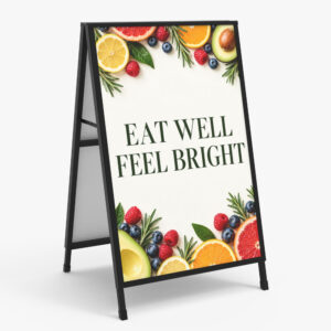 Black metal A-frame sidewalk sign with a fruit-themed Eat Well Feel Bright printed panel