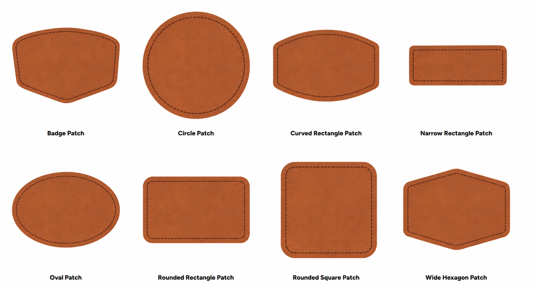 Leatherette patch shape examples in circle and rectangle styles Leatherette patch shape examples in circle and rectangle styles