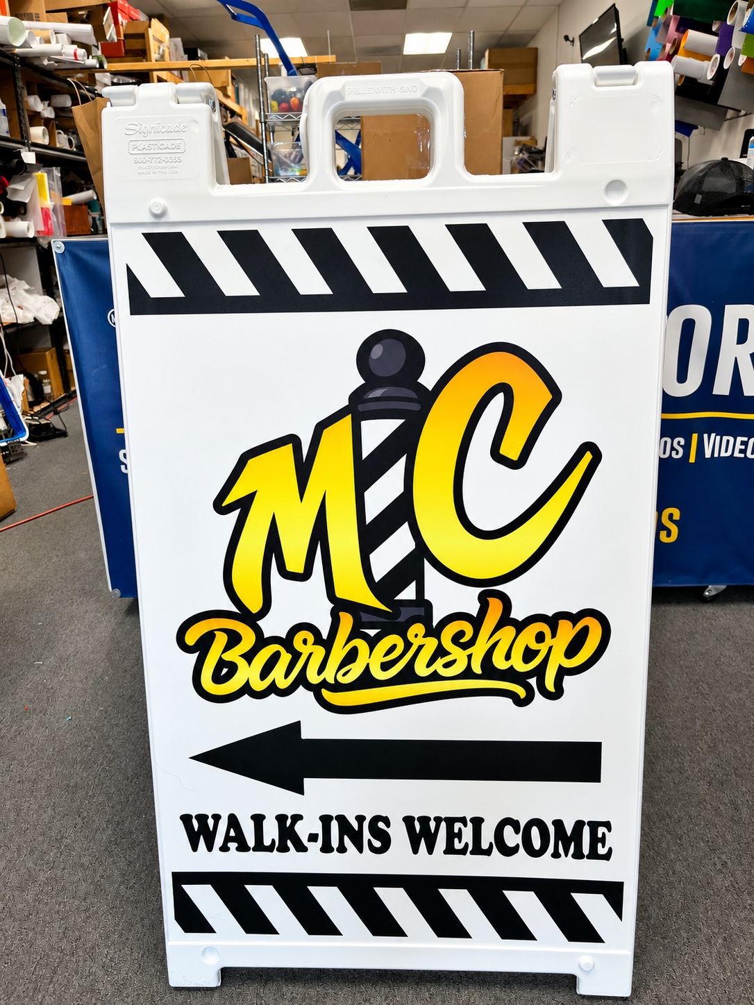 MC Barbershop custom A-frame sign with Walk-Ins Welcome message by SpectraColor