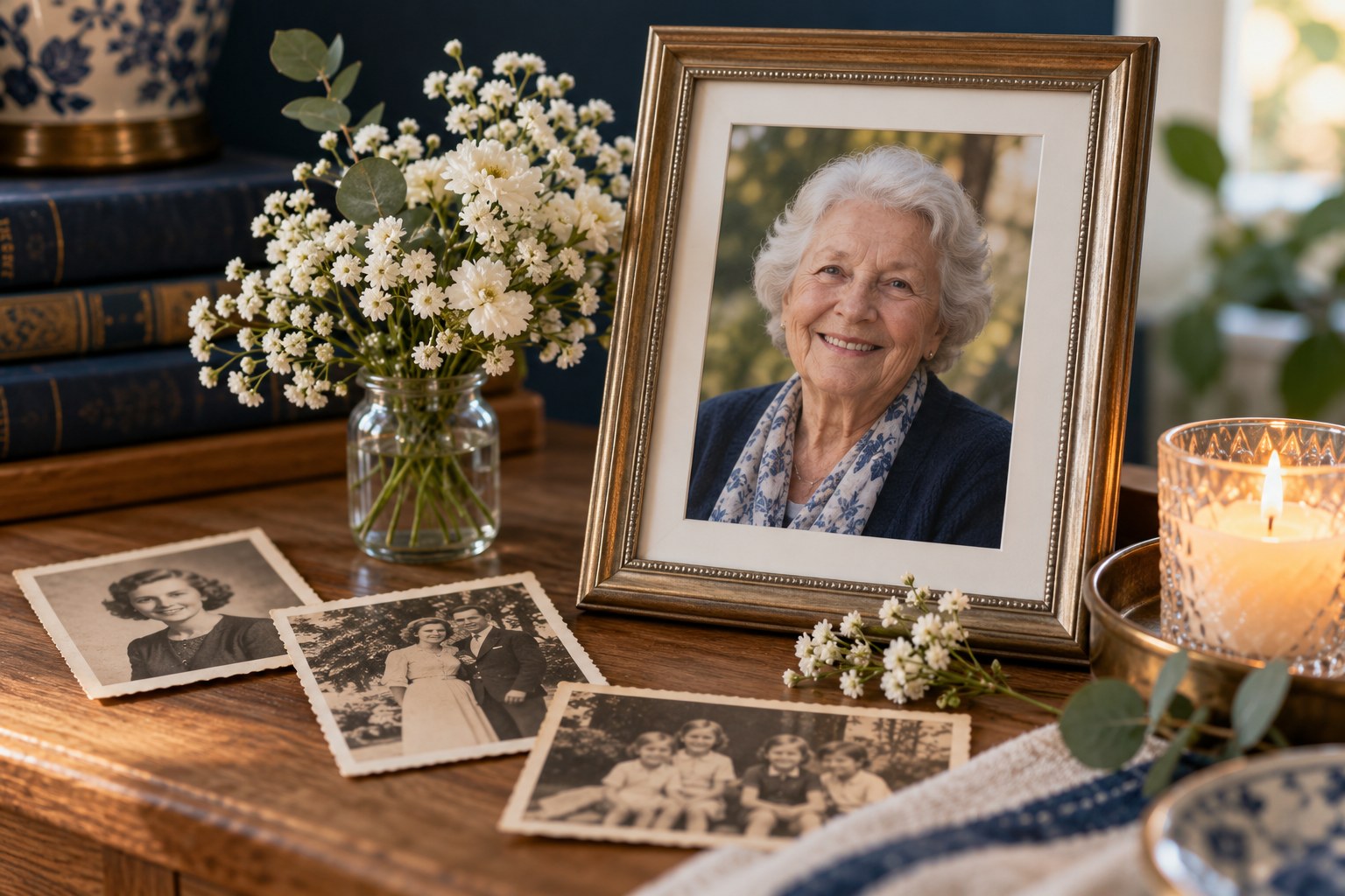 Memorial Photo Slideshow Framed portrait with family photographs, flowers and a candle for a memorial slideshow