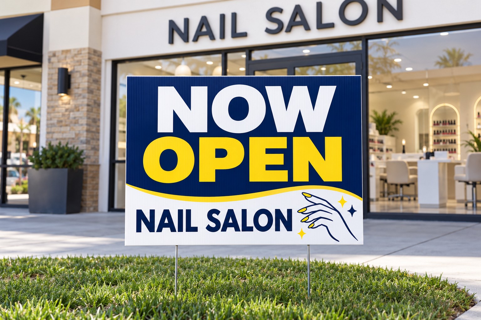 Blue and yellow Now Open nail salon yard sign