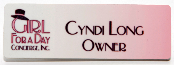 Personalized name badge showing a name and owner title Personalized name badge showing a name and owner title