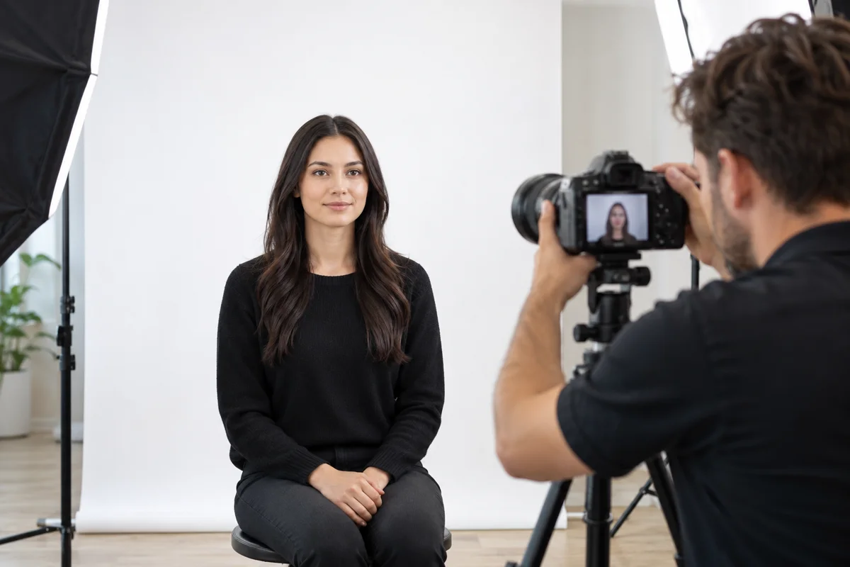 Illustrative passport photo session with a camera and white studio backdrop