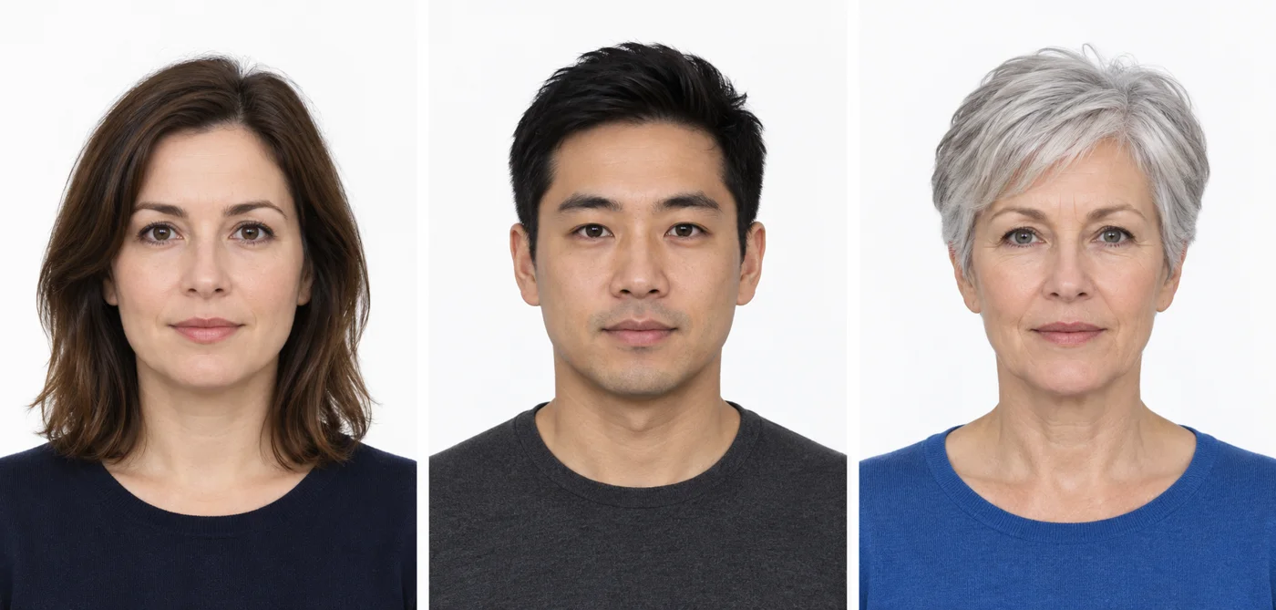Three illustrative front-facing adult portraits against white backgrounds