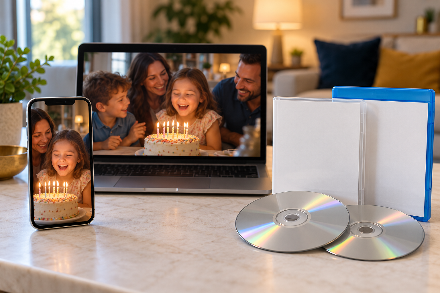 phone-video-to-disc-hero Illustration of family phone videos transferred to DVD and Blu-ray discs