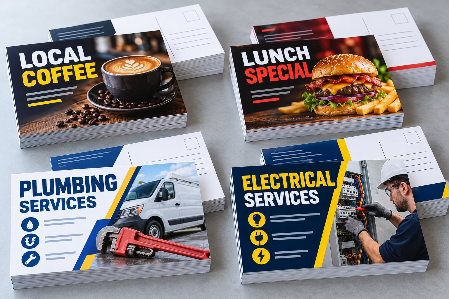 Small business postcards with restaurant, plumbing and electrical service designs