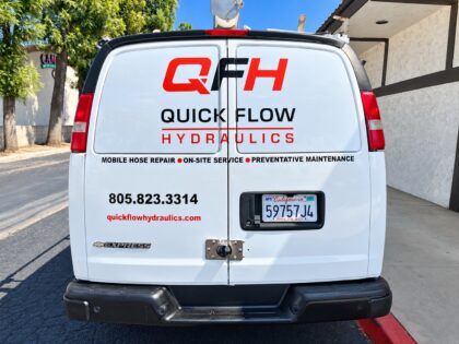 Quick Flow Hydraulics van graphics — rear doors Quick Flow Hydraulics rear van graphics with logo services phone number and website