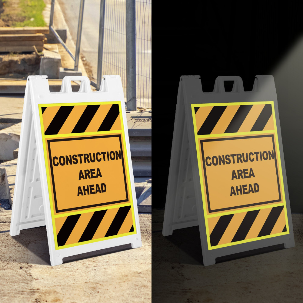 Construction warning A-frame signs shown in daylight and darkness Construction warning A-frame signs shown in daylight and darkness