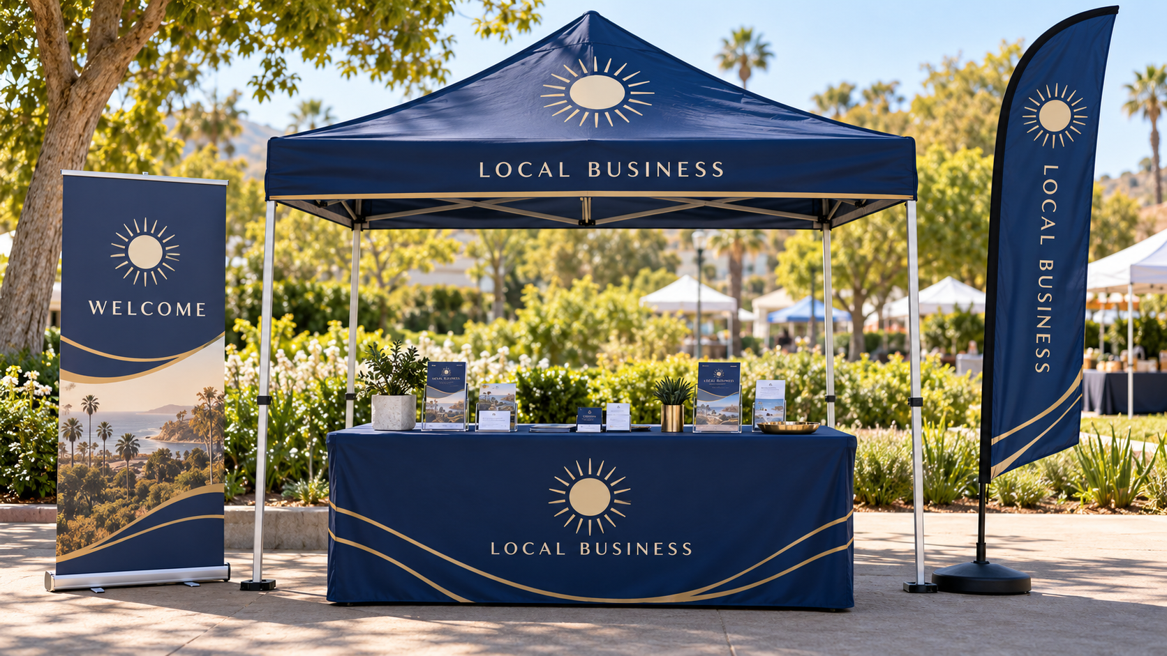 Navy printed business canopy and matching table cover at an outdoor booth Navy printed business canopy and matching table cover at an outdoor booth