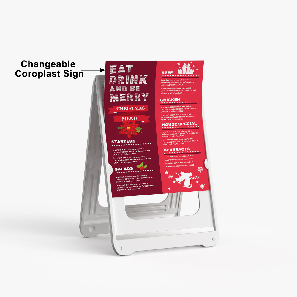 SimpoSign II white A-frame showing a removable Coroplast menu insert