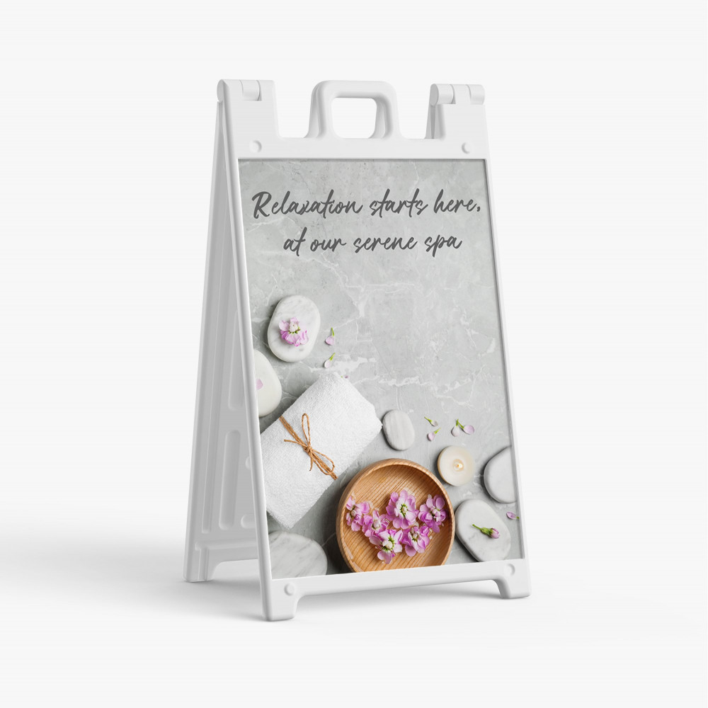 White A-frame sidewalk sign with a restaurant menu design White A-frame sidewalk sign with a restaurant menu design