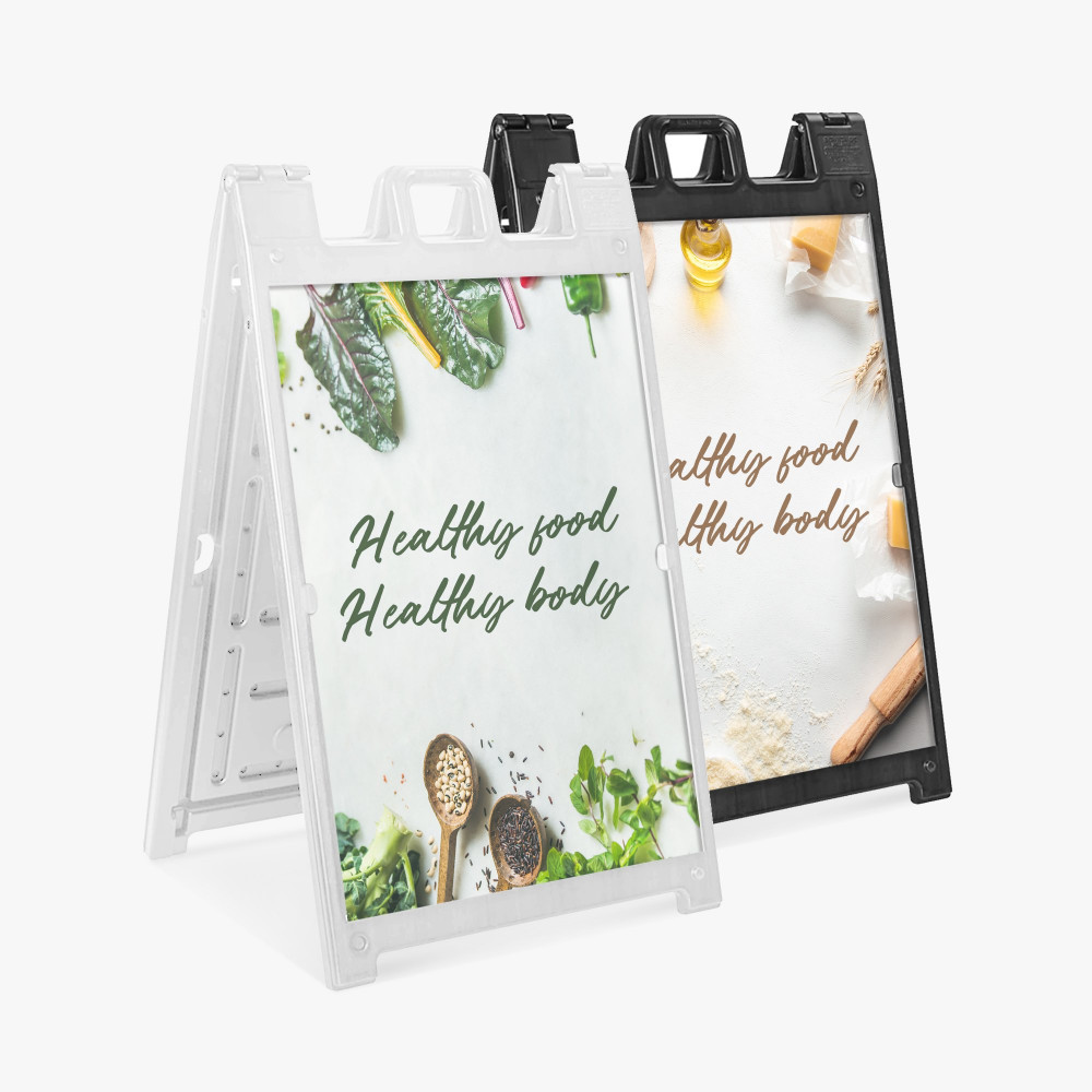 Black and white A-frame sidewalk signs with printed promotional panels Black and white A-frame sidewalk signs with printed promotional panels
