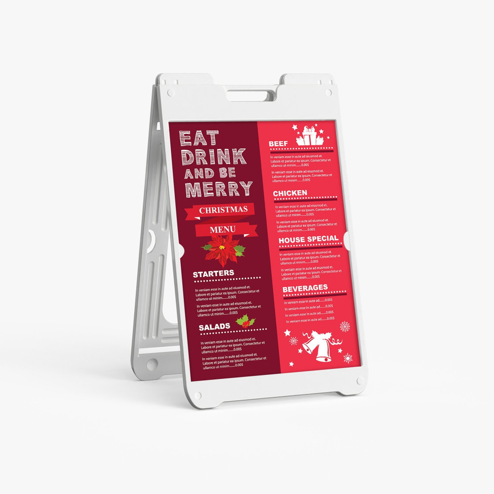 White A-frame sidewalk sign with a red menu panel White A-frame sidewalk sign with a red menu panel