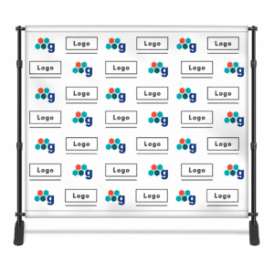 White step and repeat banner with repeating sample logos on a black adjustable stand