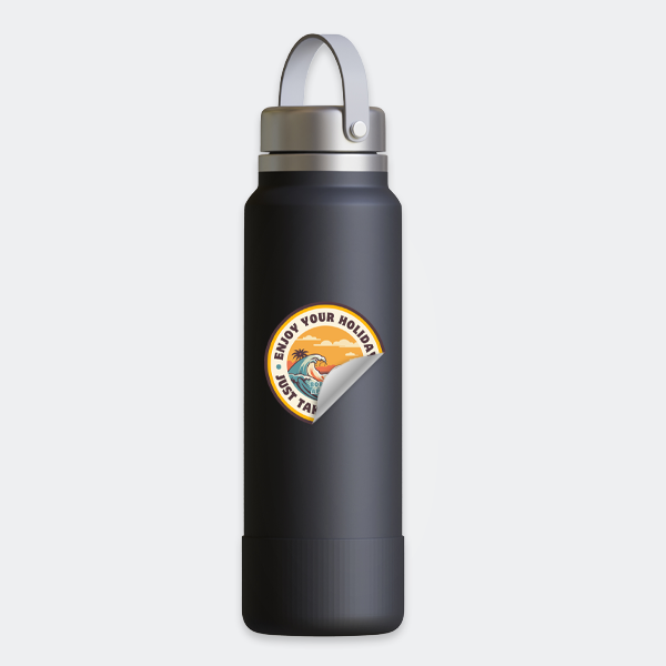 Black water bottle with a custom logo sticker Black water bottle with a custom logo sticker