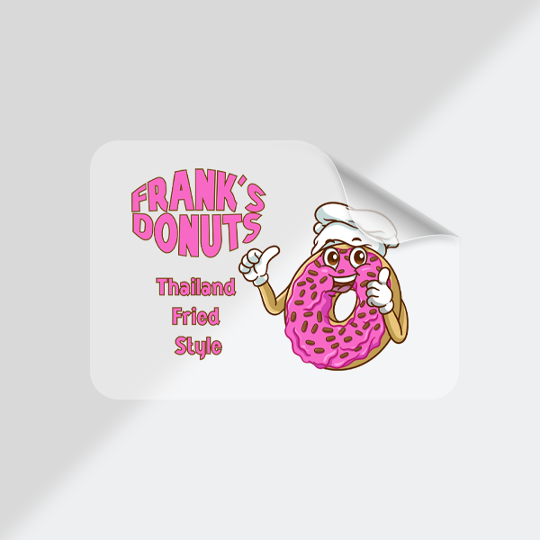 Printed doughnut shop sticker on a clear product container Printed doughnut shop sticker on a clear product container