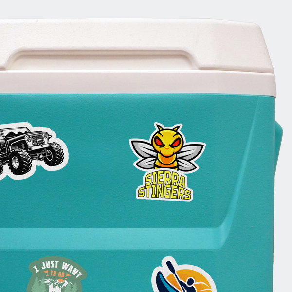 Colorful custom stickers on a turquoise cooler Colorful custom stickers on a turquoise cooler