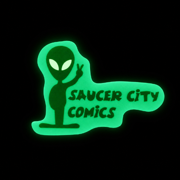 Green glow-in-the-dark Saucer City Comics alien logo sticker Green glow-in-the-dark Saucer City Comics alien logo sticker
