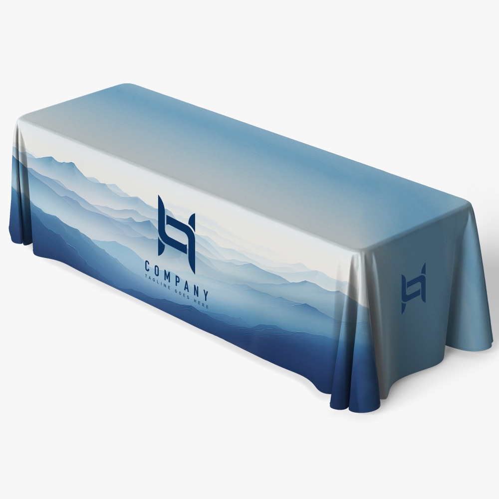 Light blue 8-foot table throw with a custom printed logo Light blue 8-foot table throw with a custom printed logo