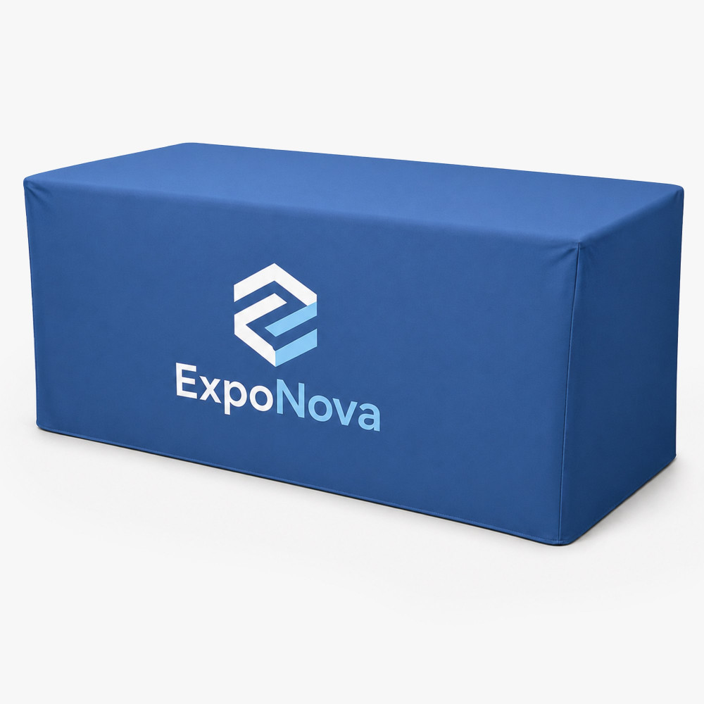 Blue fitted table cover with a printed ExpoNova logo Blue fitted table cover with a printed ExpoNova logo