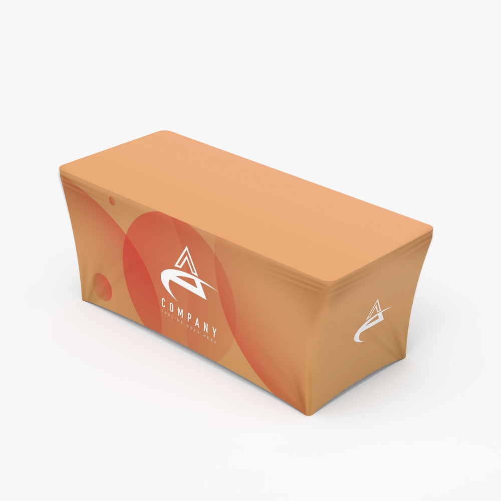Orange stretch table cover with a custom printed logo Orange stretch table cover with a custom printed logo