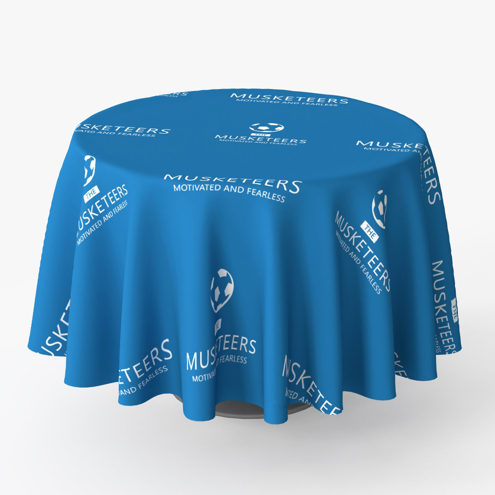 Round blue table cover with a printed logo Round blue table cover with a printed logo