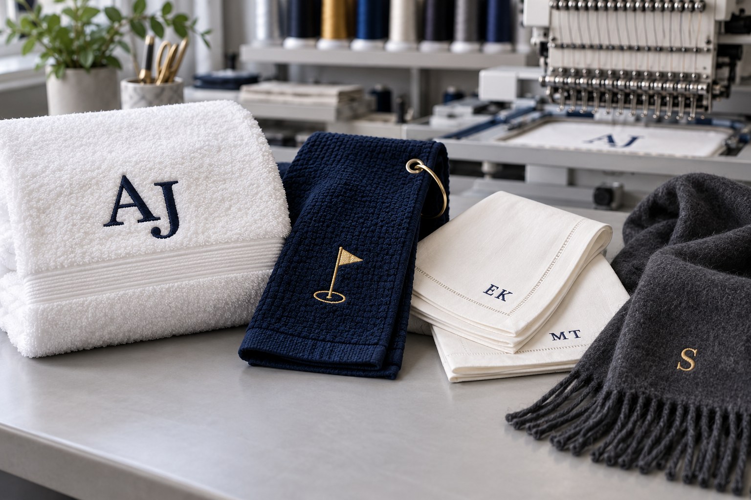 towel-scarf-napkin-embroidery-hero Personalized towels, cloth napkins and a scarf with embroidered monograms beside an embroidery machine