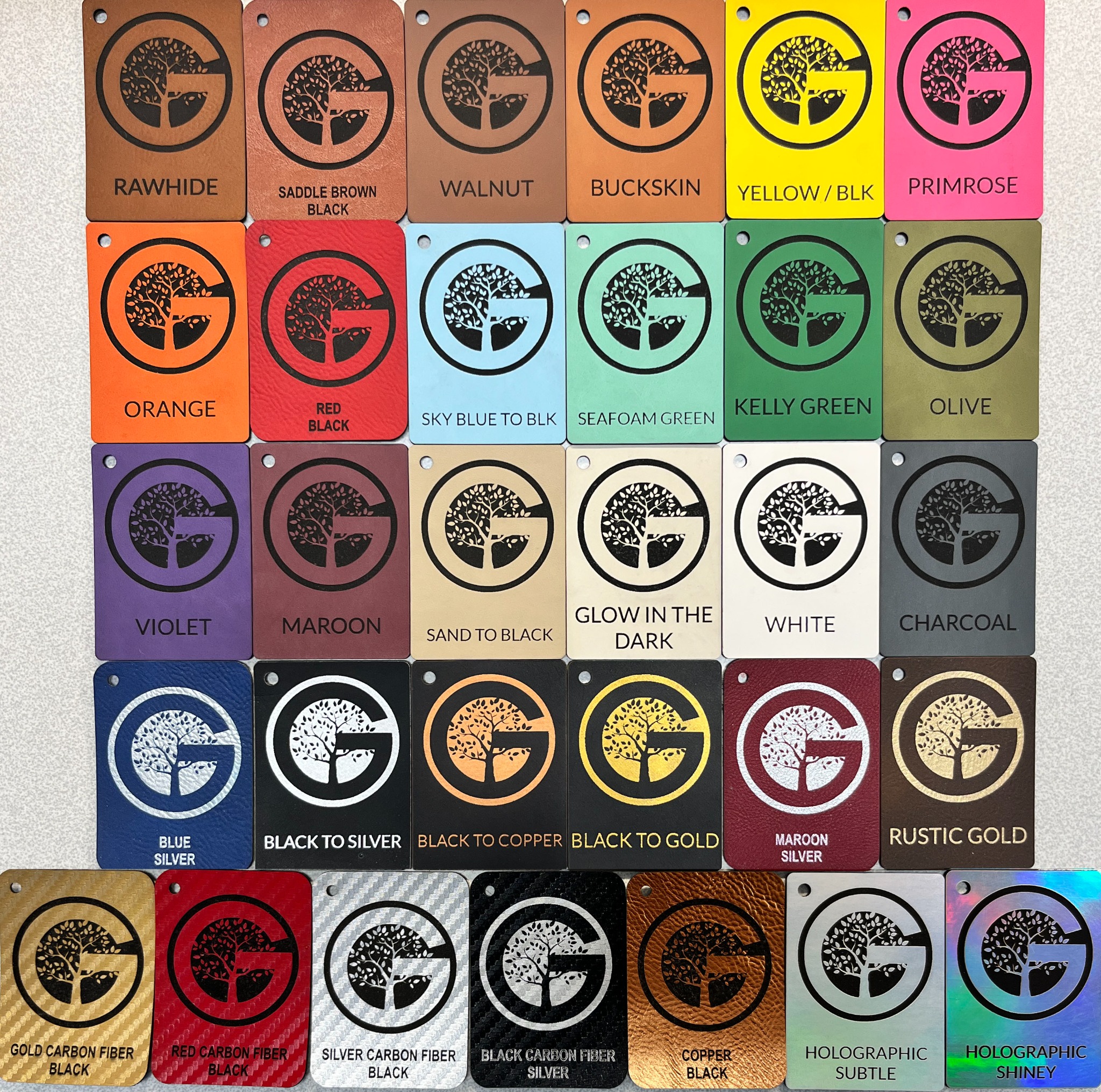 Patch material color chart showing neutral, bright, metallic and holographic finishes