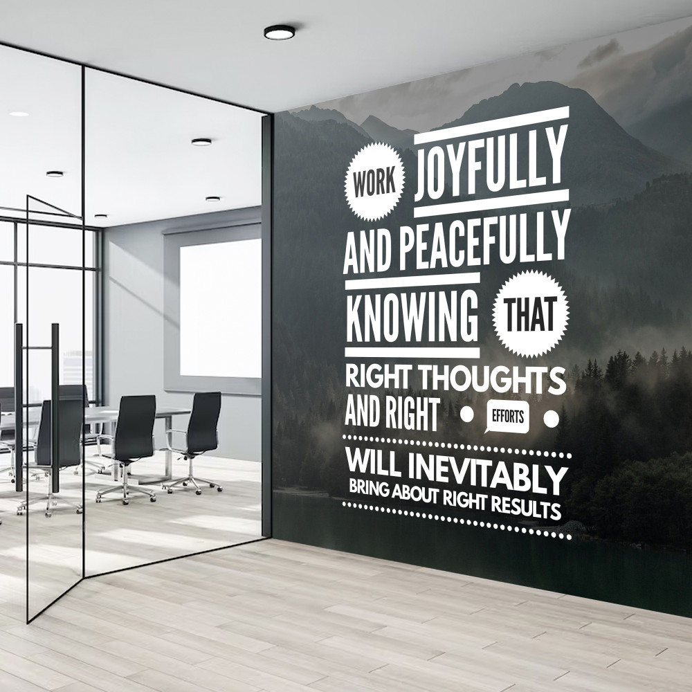 Black adhesive wall fabric print with white inspirational lettering in an office Black adhesive wall fabric print with white inspirational lettering in an office