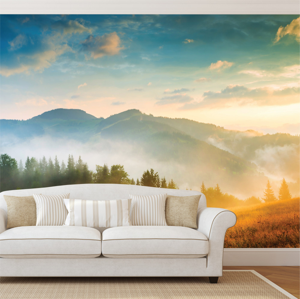 Large scenic mountain wall mural behind a white sofa Large scenic mountain wall mural behind a white sofa