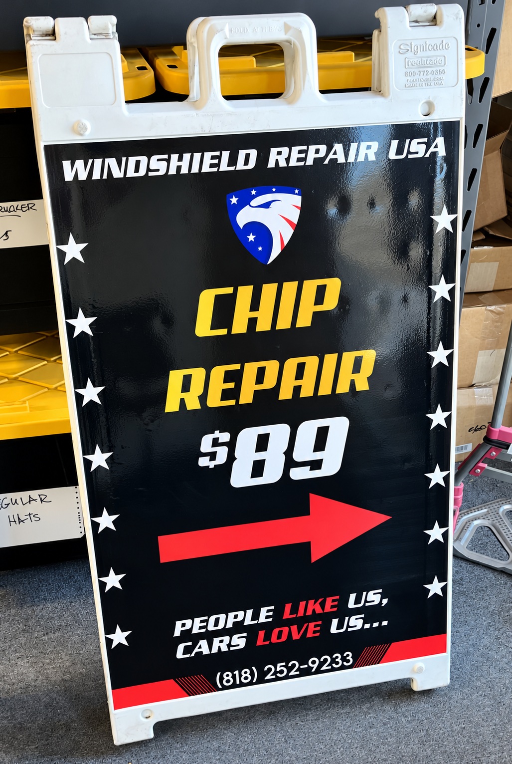 Windshield Repair USA custom sidewalk sign with service offer and directional arrow